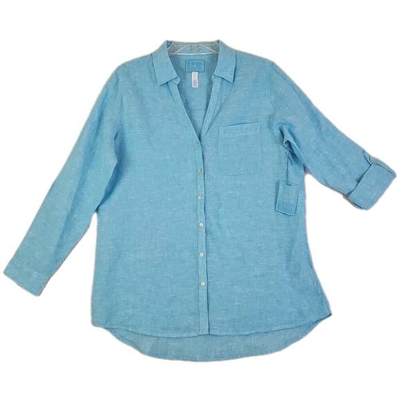 Sigrid Olsen~Woman Size~M~Linen Shirt Long Sleeve Roll Tab Blue Beachy Lagenlook - Picture 1 of 16
